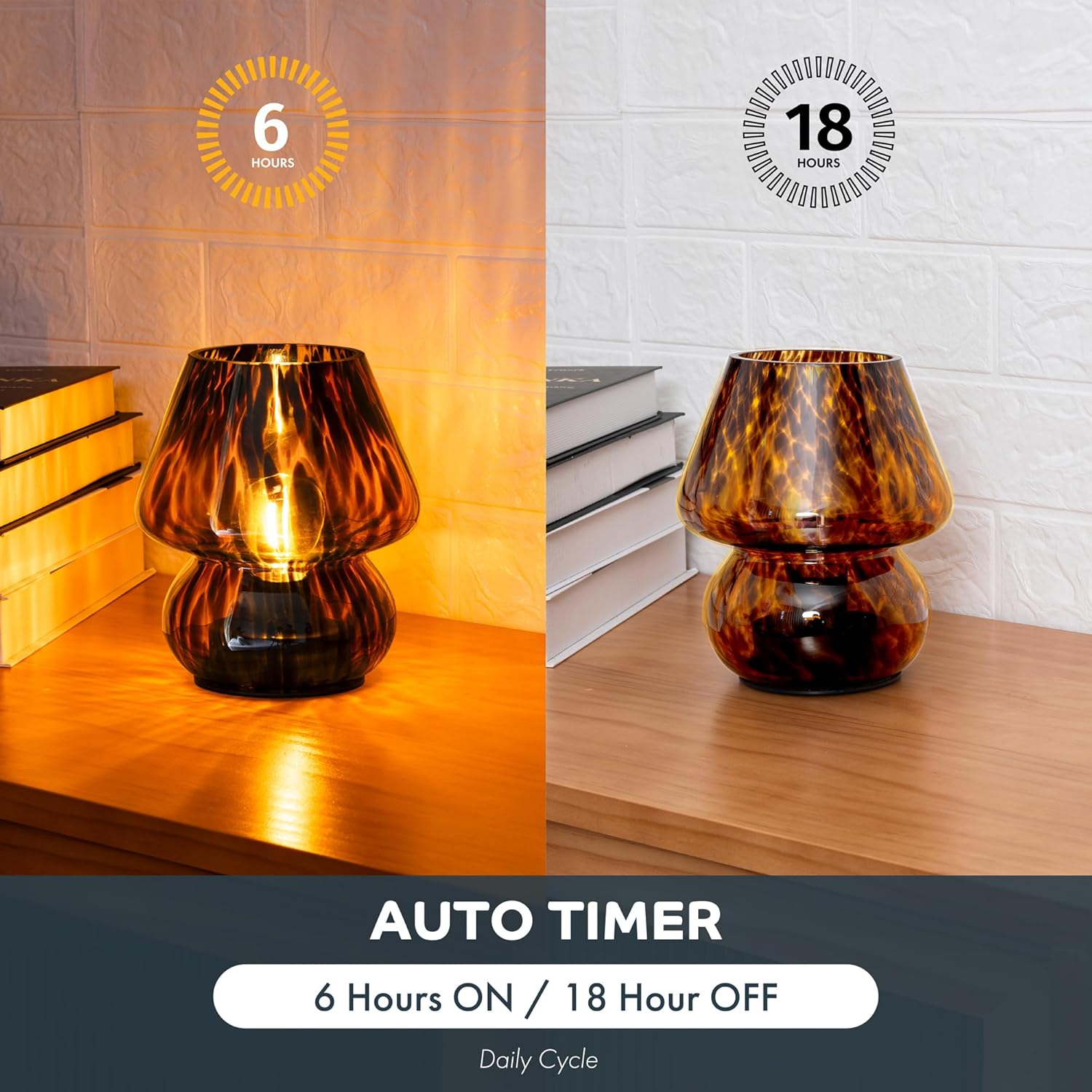 ULAROOM Battery Operated Mushroom Lamp - Vintage Small Table Lamp with Timer, Cordless Bedside Nightstand Lamp, Glass Battery Powered Lamp for Bedroom Kitchen Living Room Shelf Decor Aesthetic Amber