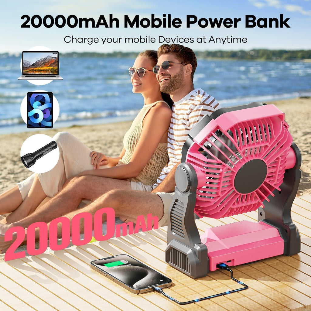 DOWILLDO 30000mAh Portable Battery Powered Camping Fan - with LED Light, Quiet Battery Operated, Camping Gear for Travel, Tent, Beach, Car or Hurricane Power Outages, Pink