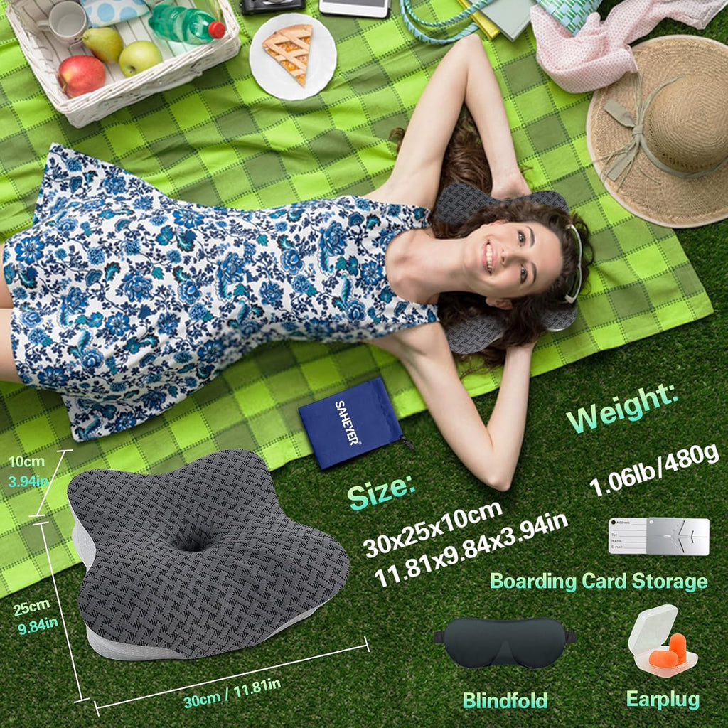 SAHEYER Travel Pillow for Sleeping, Ergonomic Cervical Neck Support Pillows, Lightweight Memory Foam Travel Pillow for Camping, Backpacking, Hammock - with Travel Storage Bag and Cooling Cover, Black