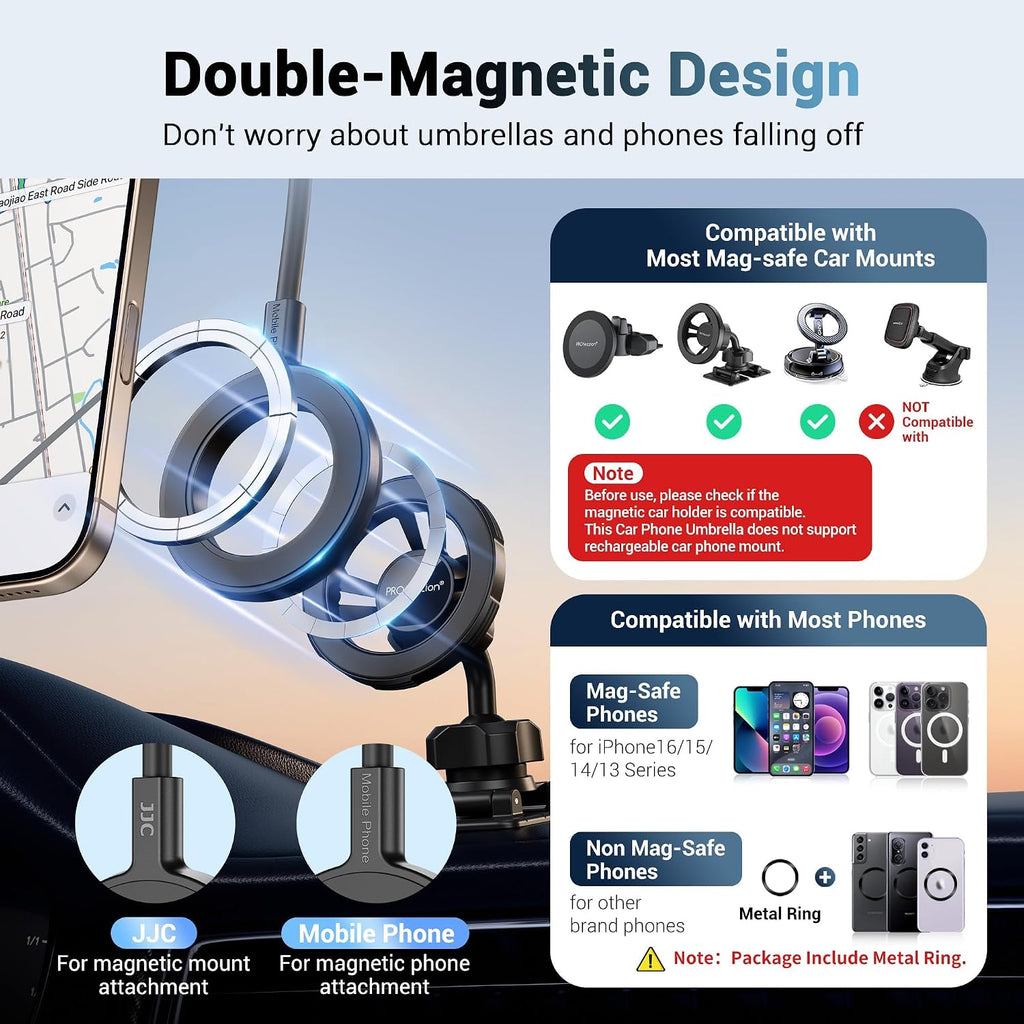 Kiorafoto Dual Magnetic Phone Umbrella for Sun,Cellphone Sunshade Shield Compatible with Magsafe Phone-Grip/Magsafe Car Phone-Holder,UPF45+ Phone Umbrella for iPhone 17 16 15 Pro Max Anti-Glare