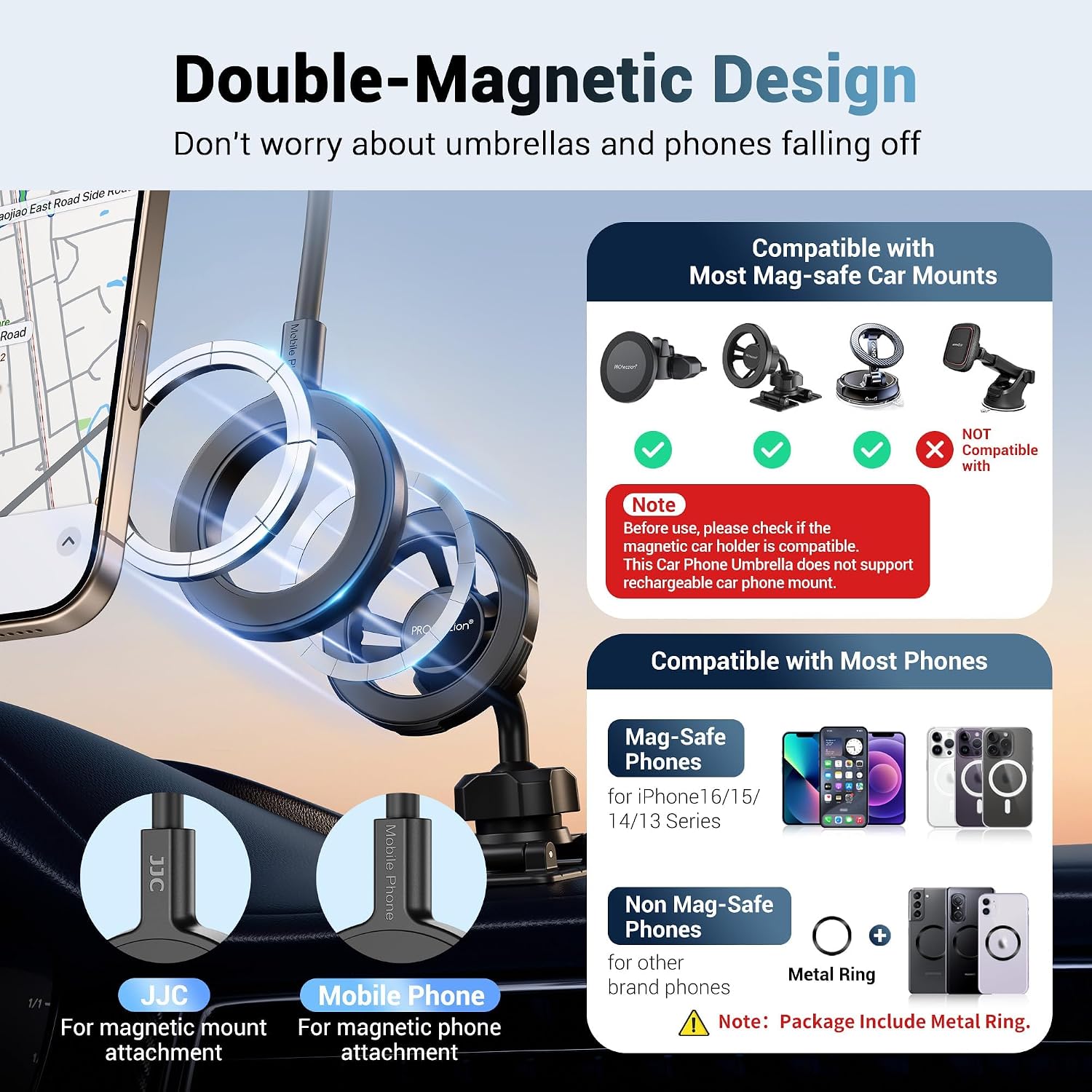 Kiorafoto Dual Magnetic Phone Umbrella for Sun,Cellphone Sunshade Shield Compatible with Magsafe Phone-Grip/Magsafe Car Phone-Holder,UPF45+ Phone Umbrella for iPhone 17 16 15 Pro Max Anti-Glare