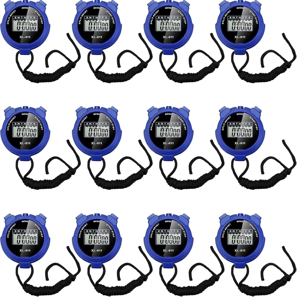 TOODOO 12 Pack Multi Function Digital Stopwatch Timer Bulk Sports Stopwatch with Lanyard Plastic Display Waterproof Date Time Alarm Timer for Coaches Fitness Referees