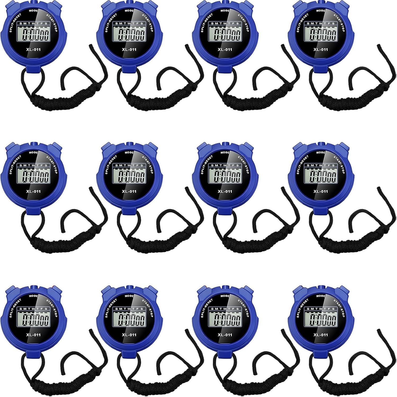 TOODOO 12 Pack Multi Function Digital Stopwatch Timer Bulk Sports Stopwatch with Lanyard Plastic Display Waterproof Date Time Alarm Timer for Coaches Fitness Referees