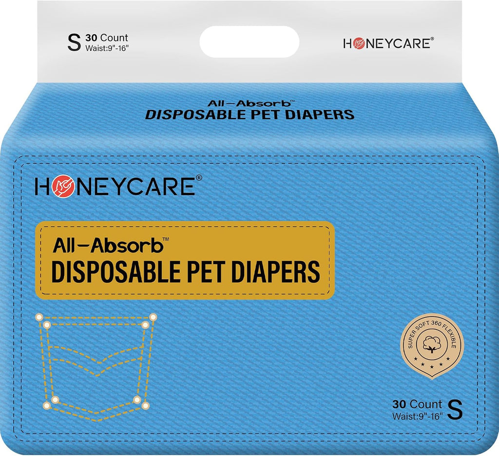 Honeycare Female Dog Diapers, Disposable Diapers for Female Dog with Stretchy Waist, Dog Pull-Ups for Easy wear, Dogs in Heat Period Super Absorbent Leak-Proof Doggie Diapers, Size Small, 30 Count