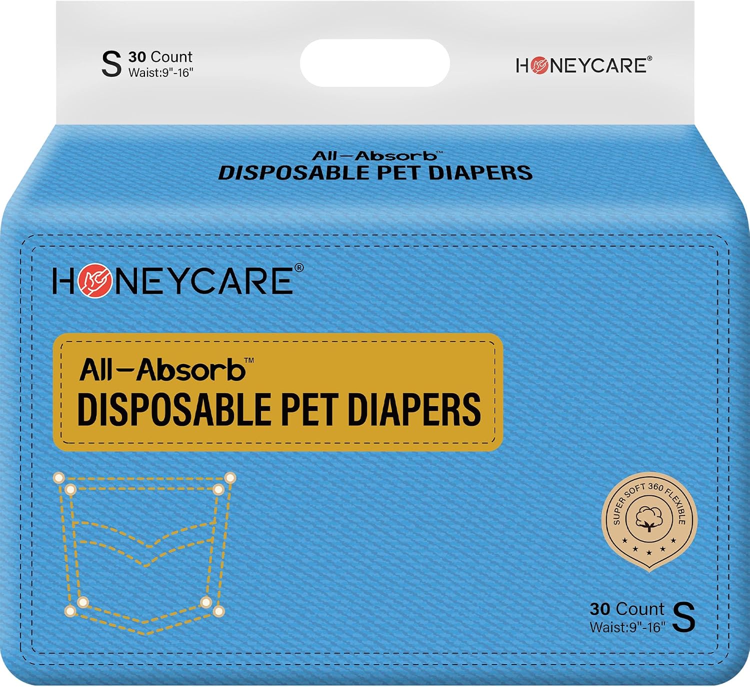 Honeycare Female Dog Diapers, Disposable Diapers for Female Dog with Stretchy Waist, Dog Pull-Ups for Easy wear, Dogs in Heat Period Super Absorbent Leak-Proof Doggie Diapers, Size Small, 30 Count