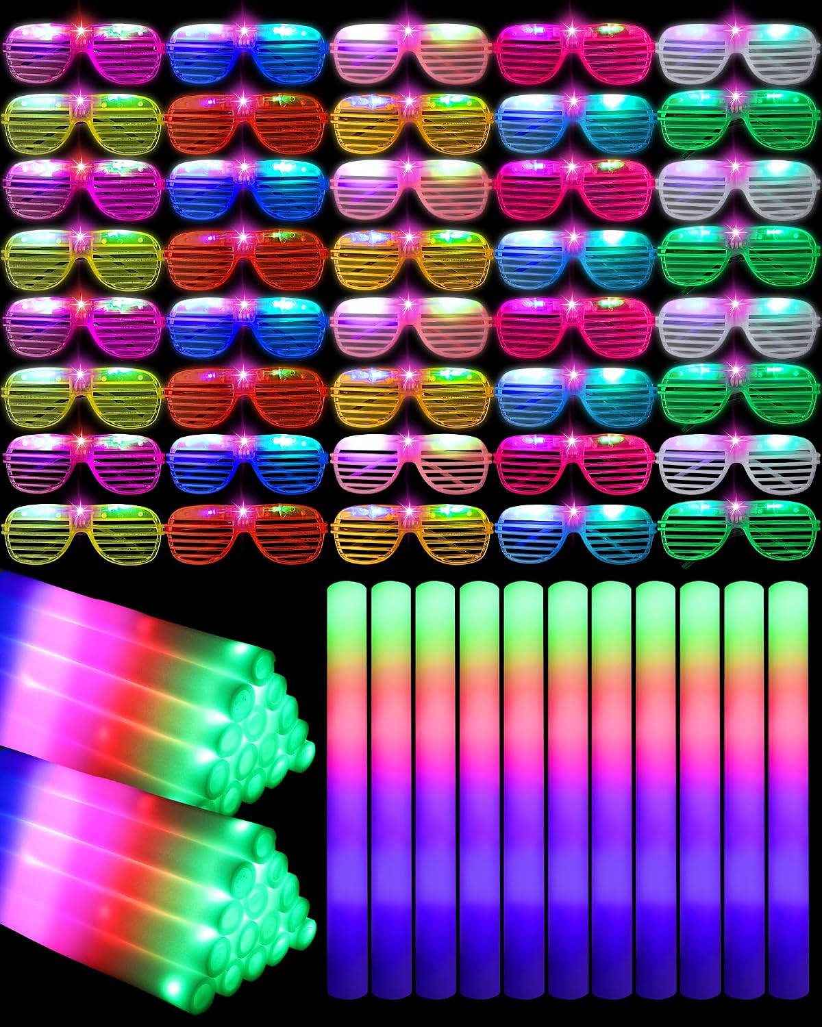 Maitys 60 Pcs Foam Stick Light up Glasses, Glow in the Dark Party Supplies