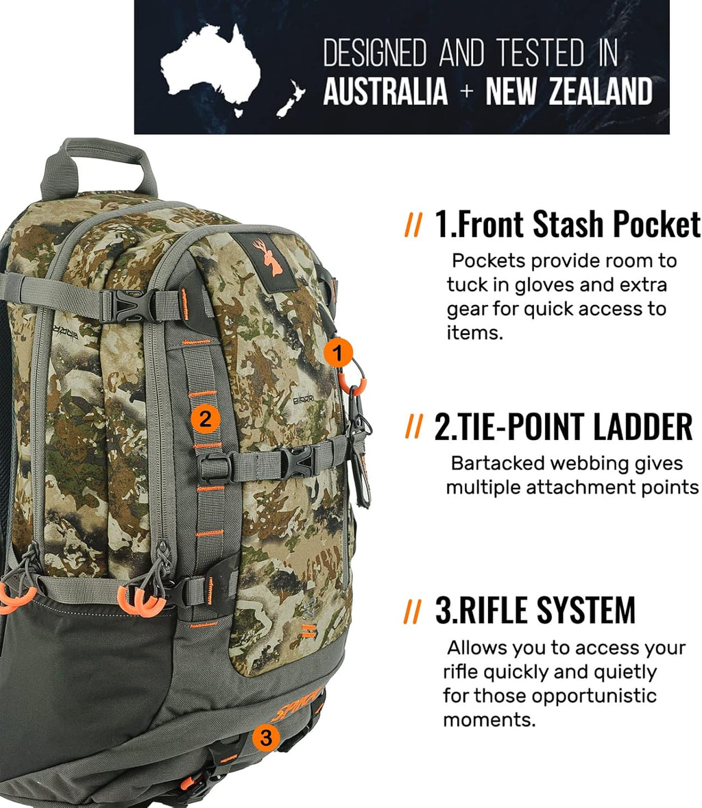 SPIKA Camo and Green Hunting Backpack Tactical Military Bags Waterproof Daypack for 25L Capacity Removable Hip Belt