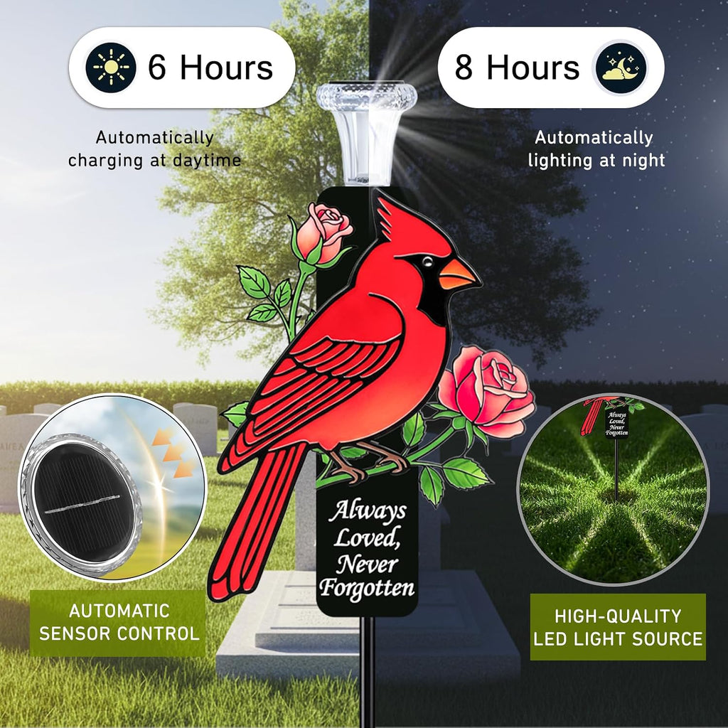 Solar Cardinal Memorial Stakes for Graves - Metal Cemetery Decorations with LED Light, Sympathy Gift for Loss of Father Dad, Mom, Grandma, Garden Grave Markers