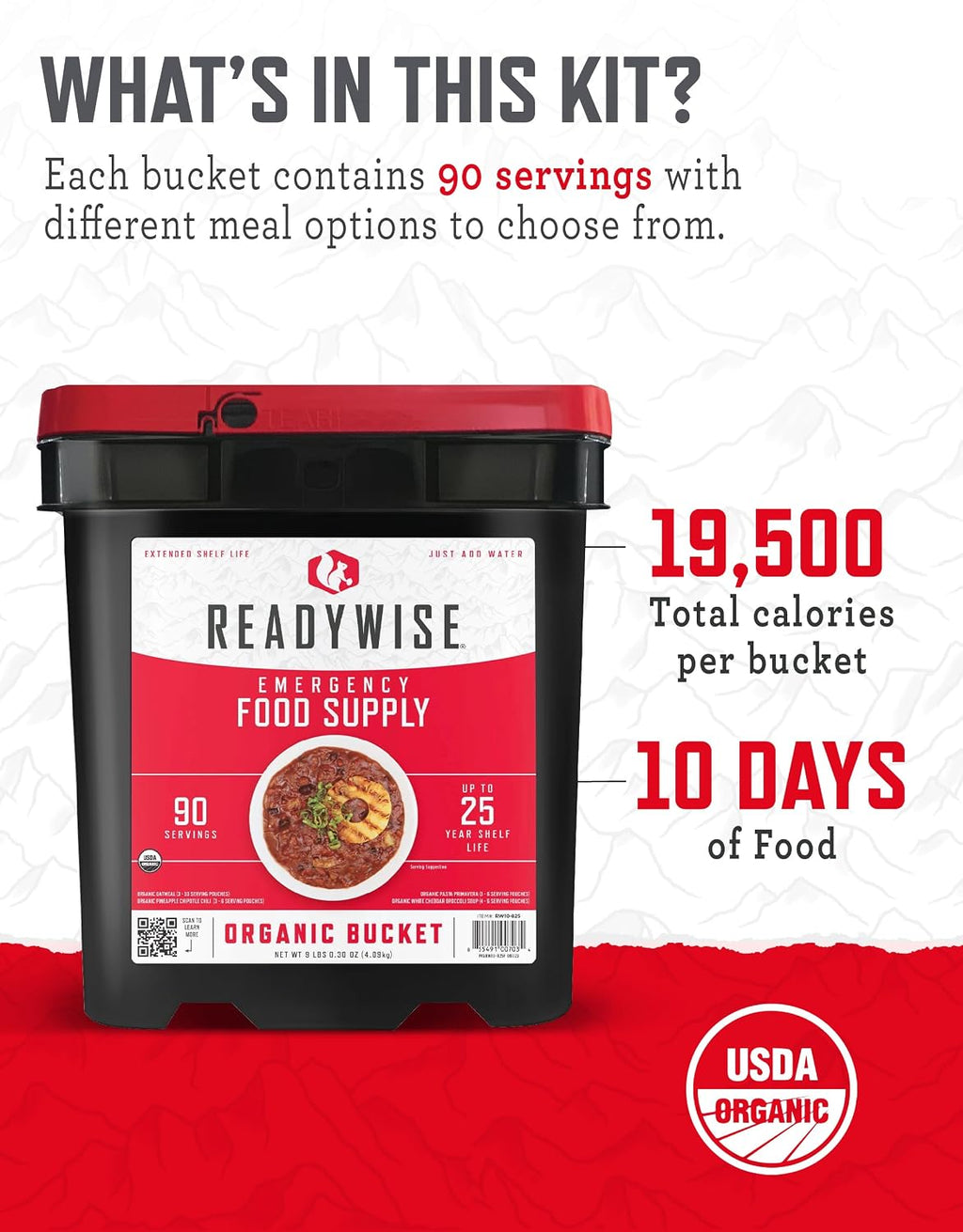 READYWISE Emergency Food Survival Supply 90 Servings, Organic Bucket