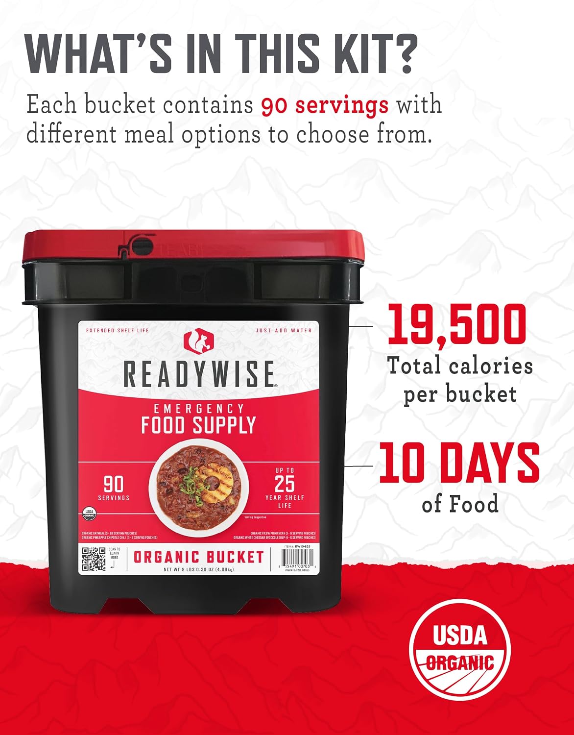 READYWISE Emergency Food Survival Supply 90 Servings, Organic Bucket