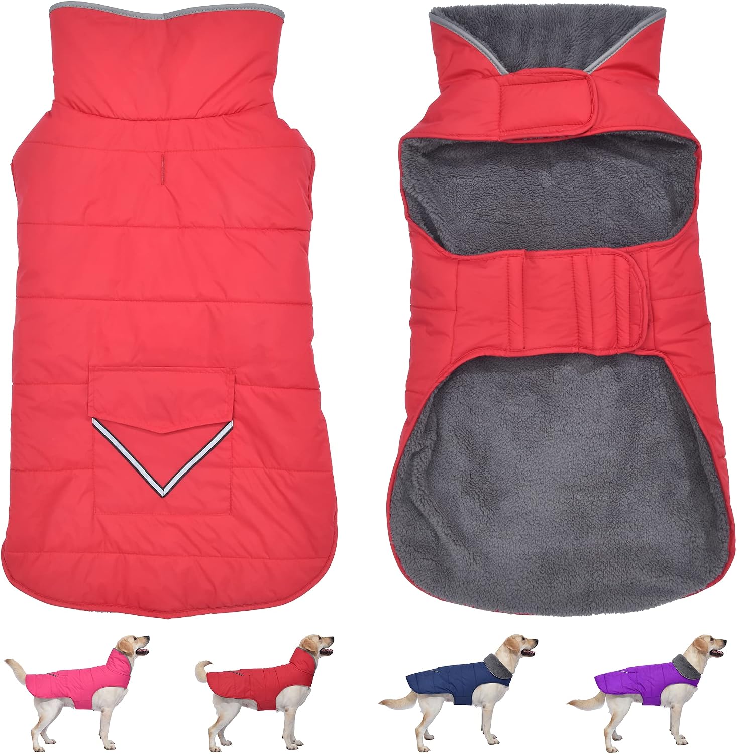 Petglad Dog Coat, Waterproof Dog Winter Jacket with Pocket, Reflective Adjustable Pet Snow Vest, Warm Cozy Fleece Sweater for Small Medium Extra Large Dogs - Red, S