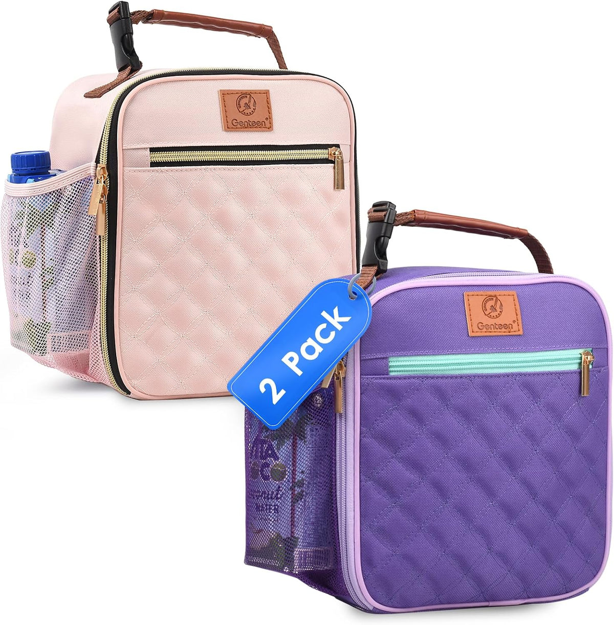Genteen Kids Lunch Box Insulated Soft Mini Cooler with Bottle Holder, Lightweight Reusable Easy-Clean Lunch bag for Girls, Boys Back to School-Purlpe/Light Pink