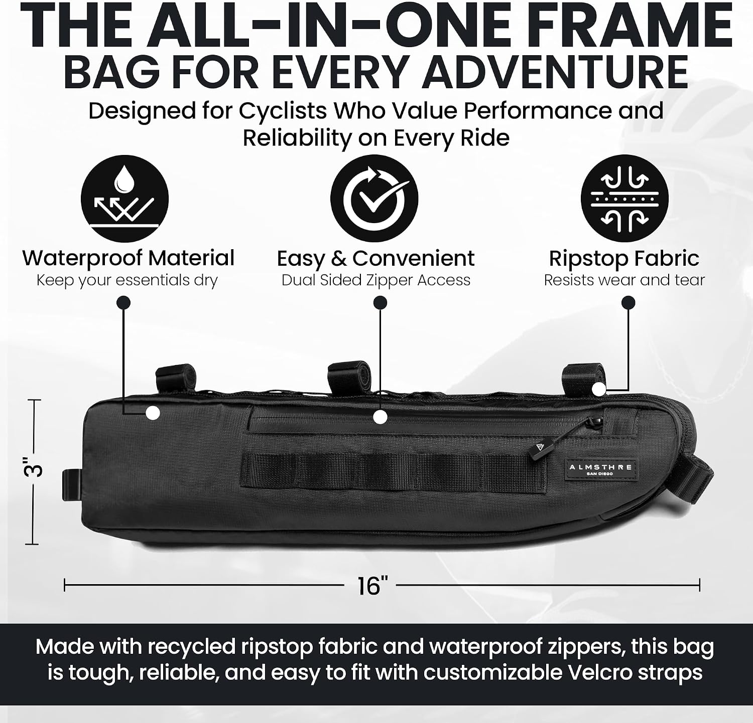 ALMSTHRE Bike Frame Bag | Weather-Resistant, Waterproof Zippers & Dual-Sided Access for Road, MTB, and Ebike Frames