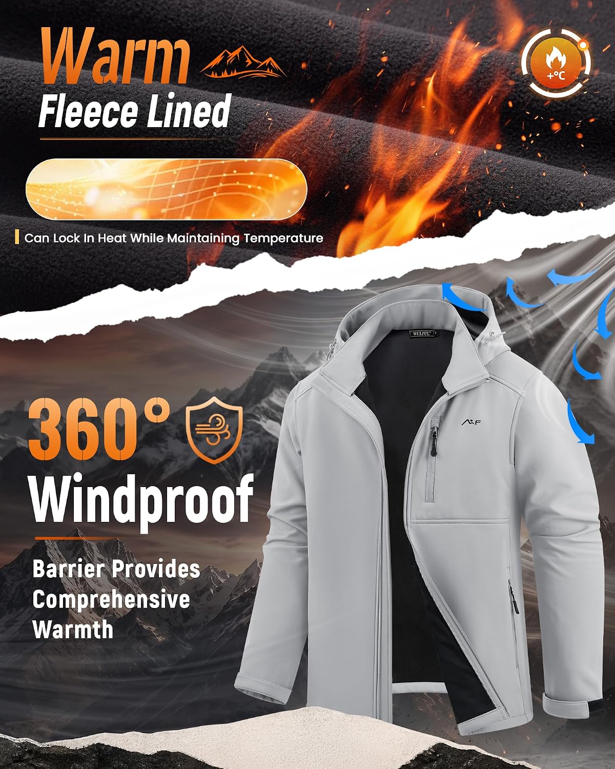 WULFUL Men's Softshell Jacket Waterproof Lightweight Insulated Windbreaker Fleece Lined Rain Shell Jacket for Hiking Travel