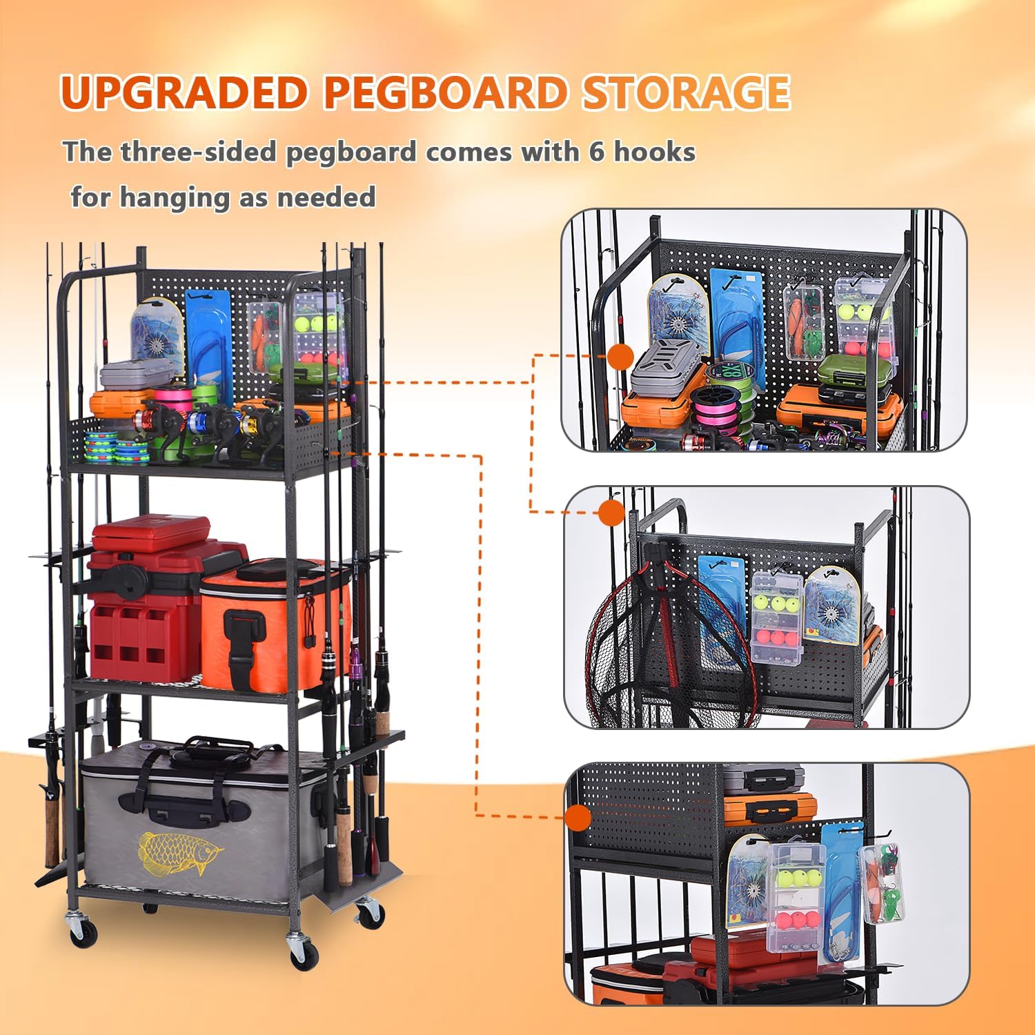 Heavy Duty Fishing Rod Rack, Fishing Organizer for Garage, Fishing Gear Holder for Garage with Movable Wheels
