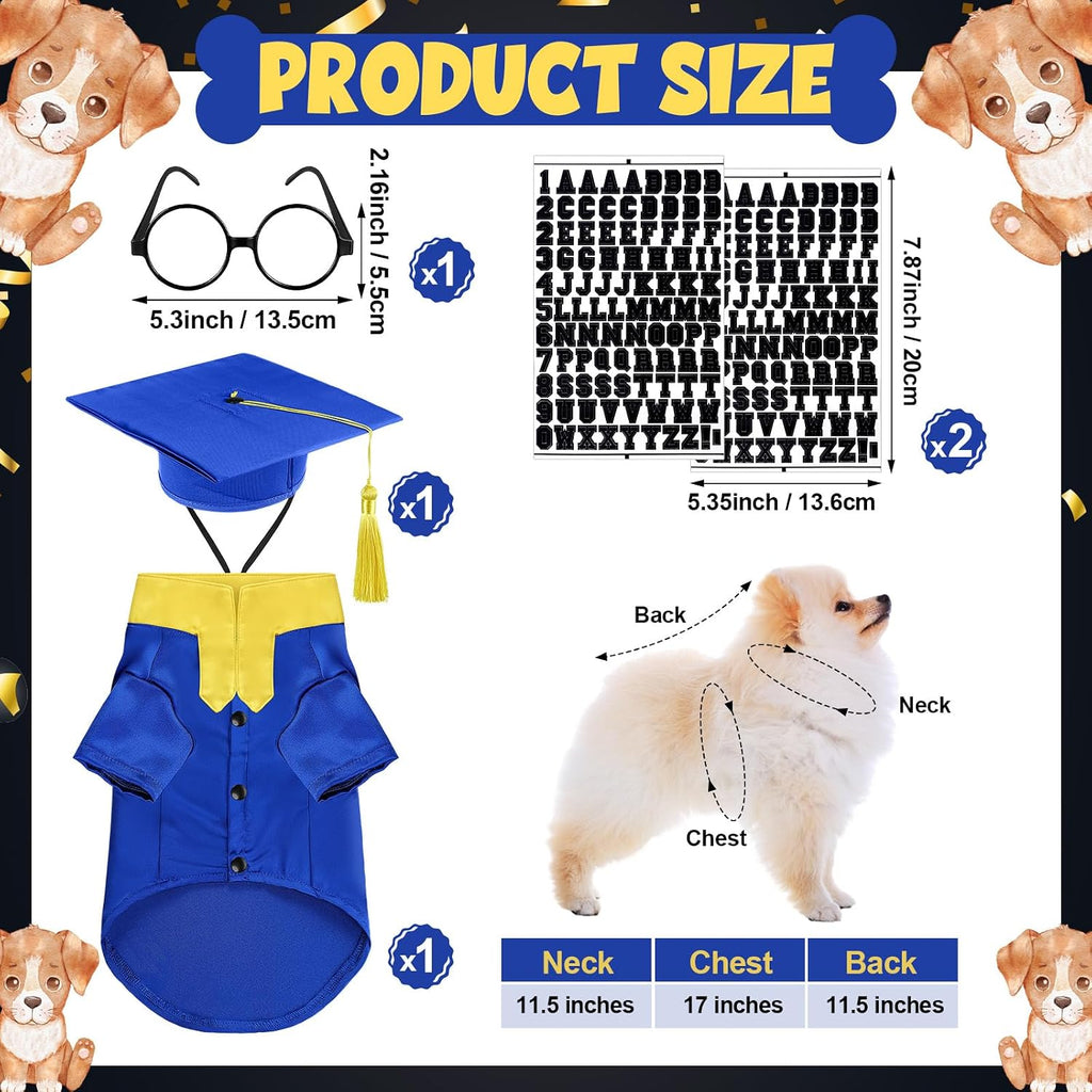 Huhumy 5 Pcs Dog Graduation Costume Set Include 2026 Pet Graduation Gown with Stole Puppy Grad Cap Lensless Glasses DIY Letter Stickers for Dogs Cats Holiday Costume Accessory(Blue Yellow,S)