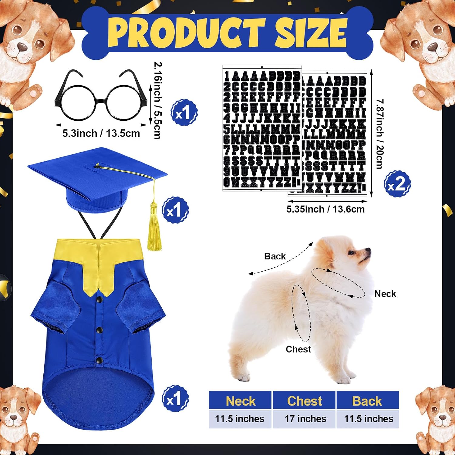 Huhumy 5 Pcs Dog Graduation Costume Set Include 2026 Pet Graduation Gown with Stole Puppy Grad Cap Lensless Glasses DIY Letter Stickers for Dogs Cats Holiday Costume Accessory(Blue Yellow,S)