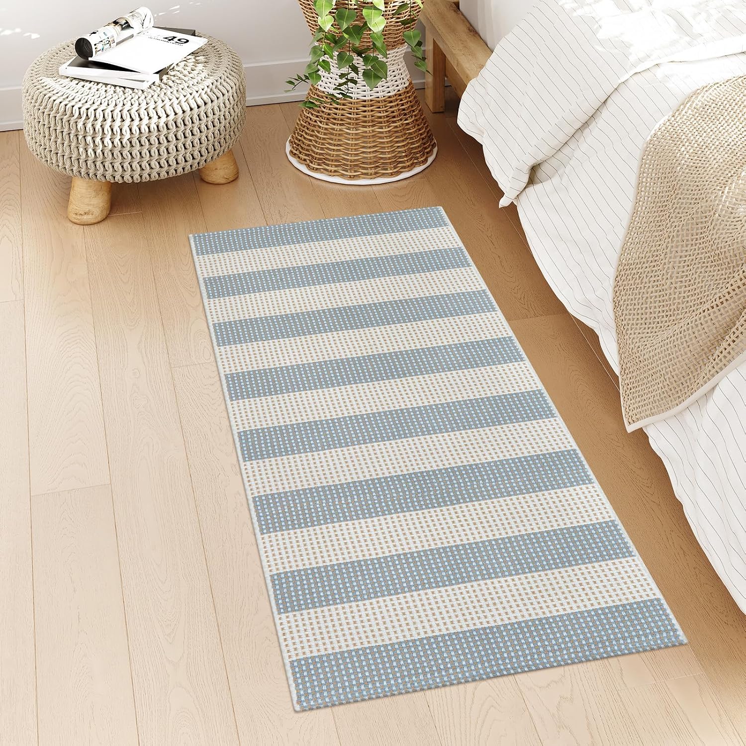 Boho Striped Fall Outdoor Front Door Mat 2'x4.3' Blue and Cream Rug