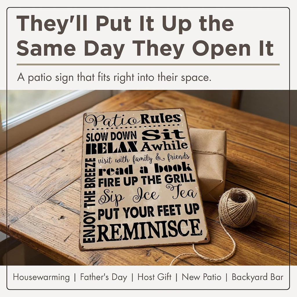 Homebody Accents Patio Rules Sign - Rustic Steel Porch Wall Decor, Outdoor Sign for Back Patio, Deck and Screened Porch, Positive Thinking Home Gift, Made in USA - 12"x16"