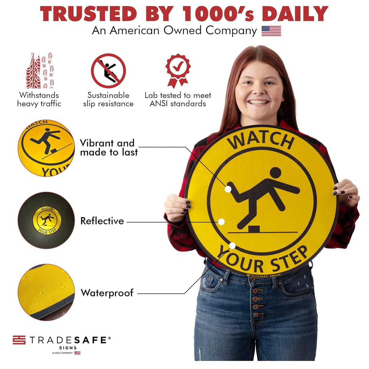 TRADESAFE Watch Your Step Anti-Slip Floor Sticker - Watch Your Step Safety Caution Sign, Peel and Stick Adhesive Vinyl Sign, ANSI-Compliant, 17” Diameter Round Sticker