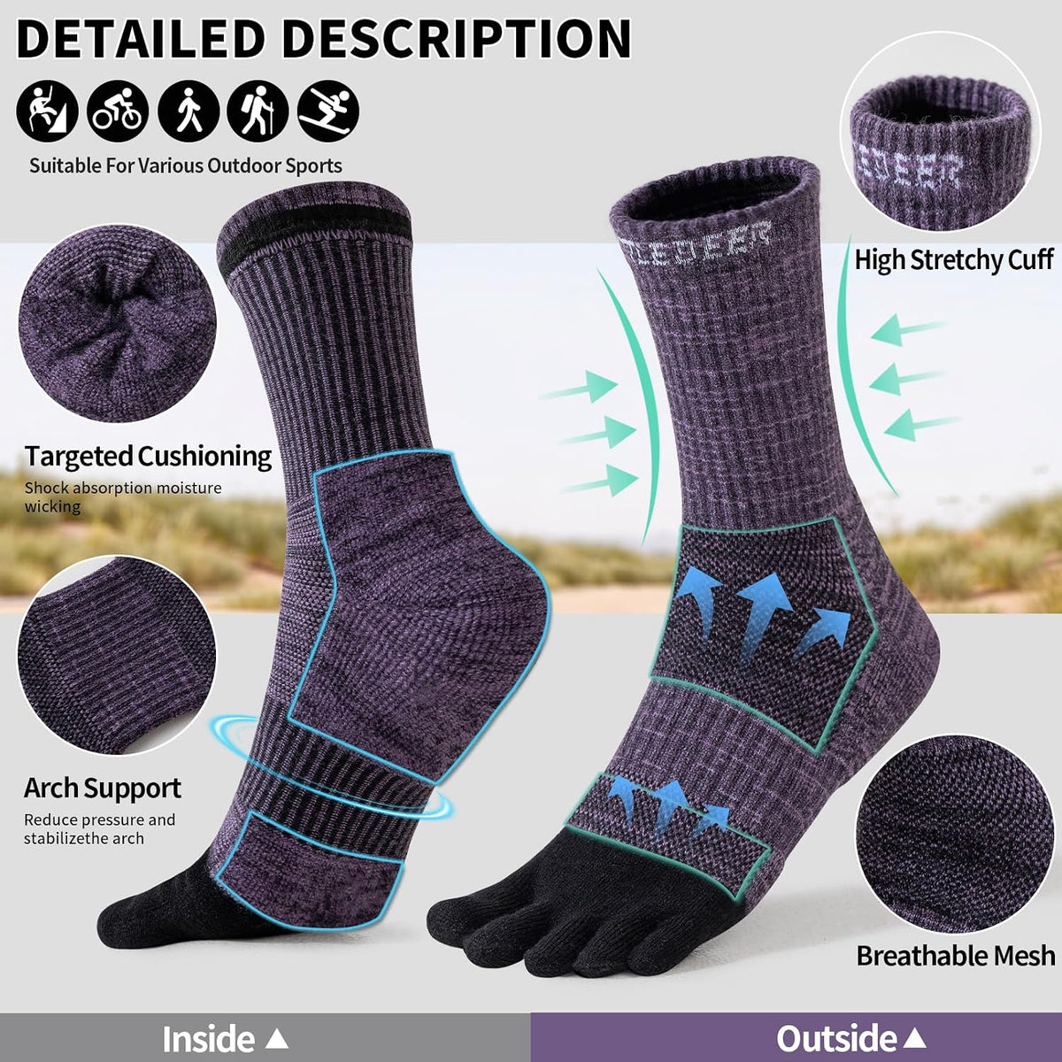 Merino Wool Toe Socks,Hiking Running Crew Socks for Women Men