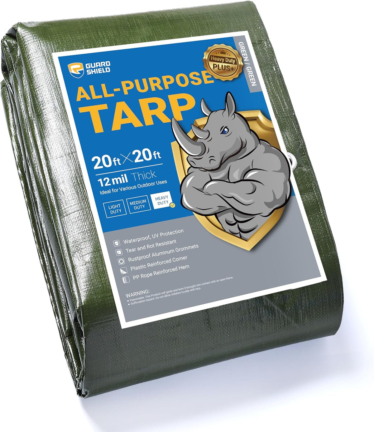 GUARD SHIELD Tarps Heavy Duty Waterproof Green Plus+ 20x20 FT Large 12 mil