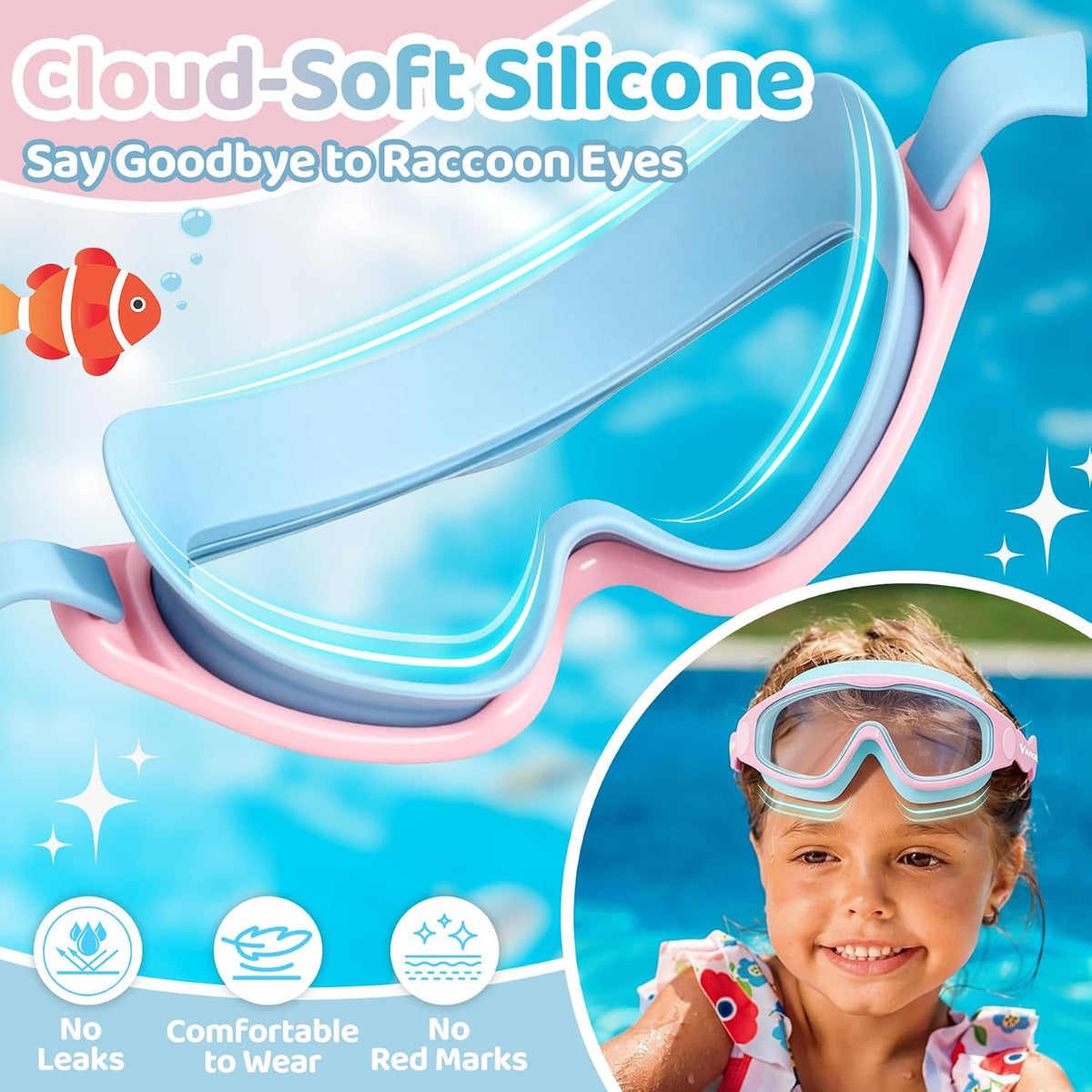 Vvinca Kids Swim Goggles for 3-15，Kids Goggles with Wave-Shape Strap