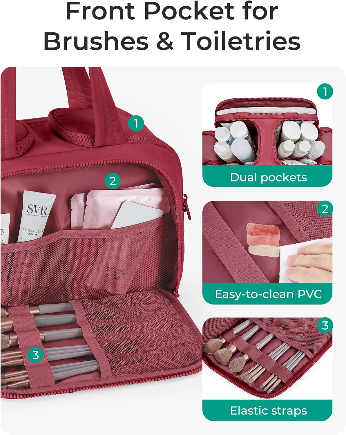 BAGSMART Travel Toiletry Bag, Puffy Toiletry Bag for Women, Wide-open toiletry bags for traveling, Large Travel Cosmetic Makeup Bag Organizer for Accessories,Toiletrie (Vintage Berry)