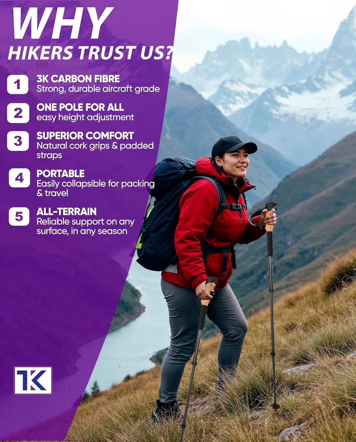 Collapsible Lightweight Trekking Poles – Walking Sticks for Seniors, Cork Grips Adjustable Carbon Fibre Nordic Poles for Men, Women, Hiking Ultralight for Backpacking or Camping –Carbon Pro
