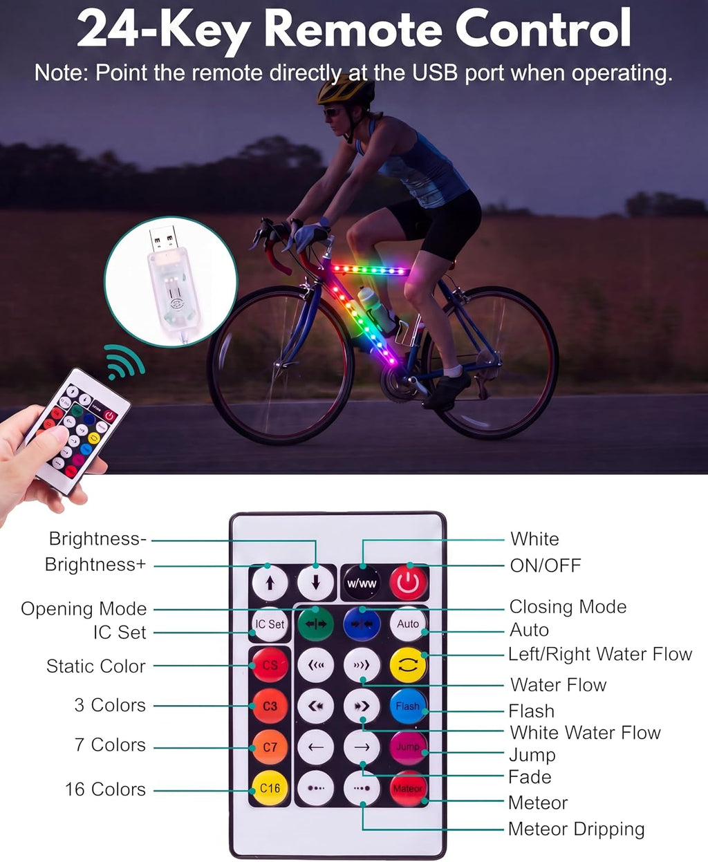 JUSJUBR LED Bike Lights for Night Riding, Multiple Colors and Lighting Modes, App & Remote Control, Colorful LED Strip Lights with Battery Box for Bicycles and Scooters