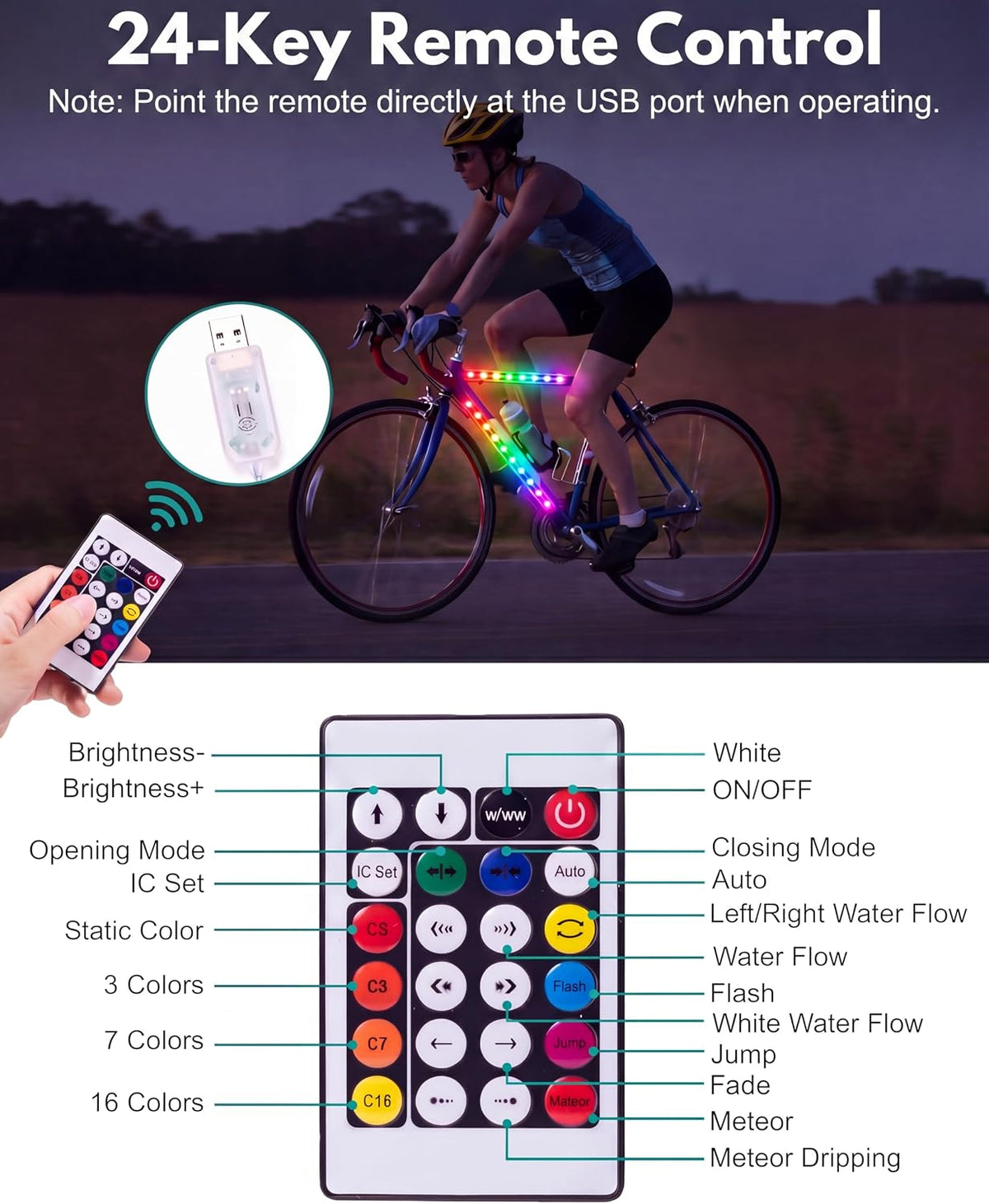 JUSJUBR LED Bike Lights for Night Riding, Multiple Colors and Lighting Modes, App & Remote Control, Colorful LED Strip Lights with Battery Box for Bicycles and Scooters