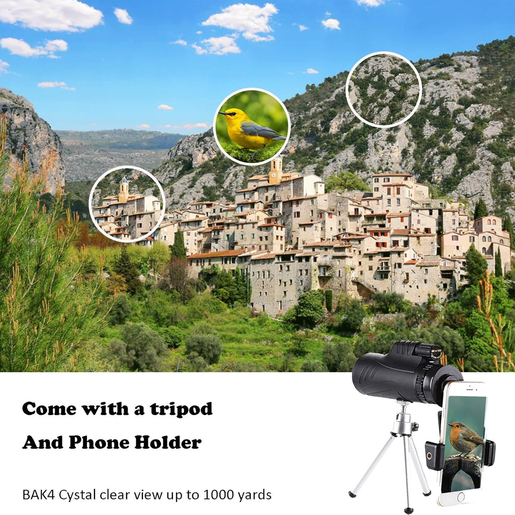 80x100 High Power Monocular Telescope with Smartphone Adapter, BAK4 Prism for Bird Watching Hunting Camping - Military Grade, 2025 New Version Gift for Men