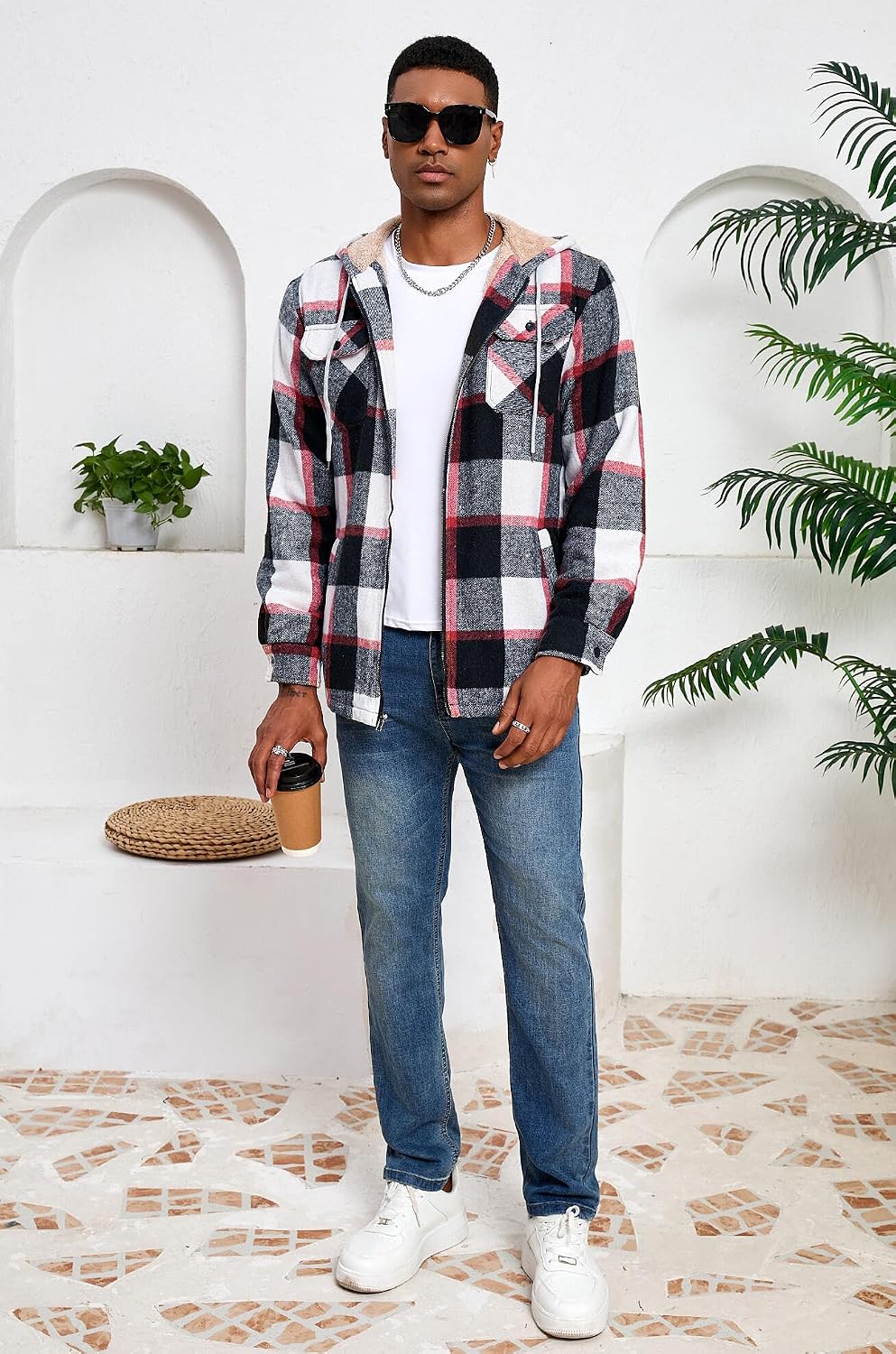 Men's Zip Up Flannel Shirt Jacket Fleece Lined with Hood