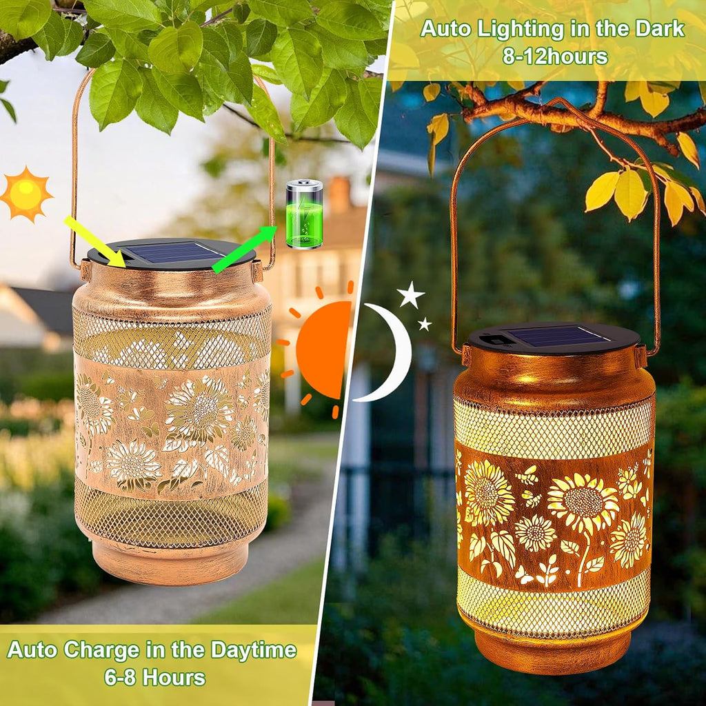 2 Pack Sunflower Solar Lanterns Outdoor Waterproof Solar Garden Decor, Birthday Gifts for Women Mom Grandma, Metal Hanging Lights with Shepherd Hook for Outside Yard Patio Pathway Backyard