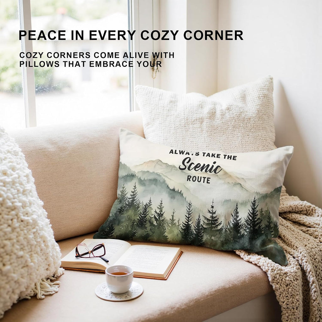 Camping Pillow Cover 12x20,Always Take The Scenic Route,Forest Green Mountain Woods Design,Decorative Rv Camper Pillows,Nature Lover Cottage Core Gifts