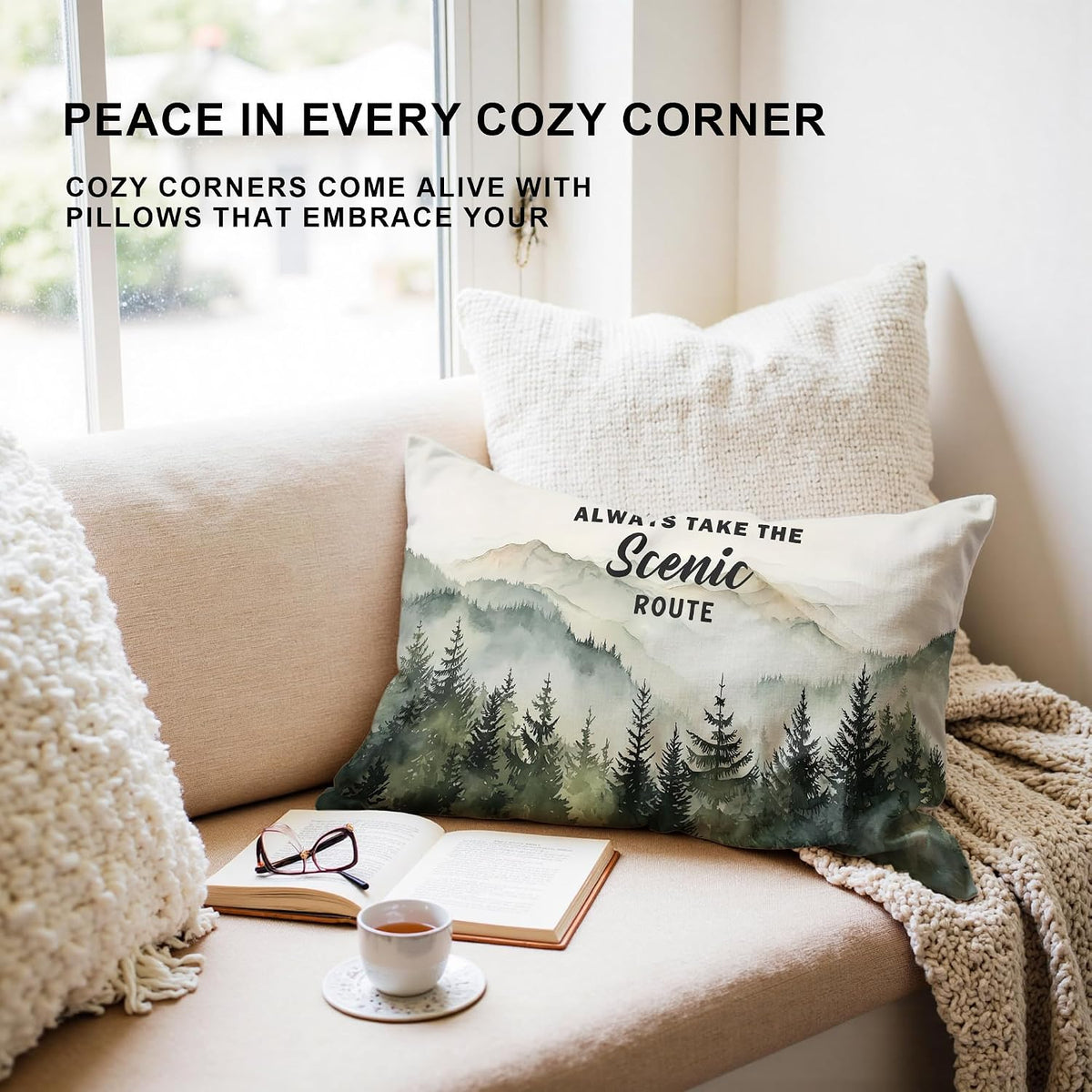 Camping Pillow Cover 12x20,Always Take The Scenic Route,Forest Green Mountain Woods Design,Decorative Rv Camper Pillows,Nature Lover Cottage Core Gifts