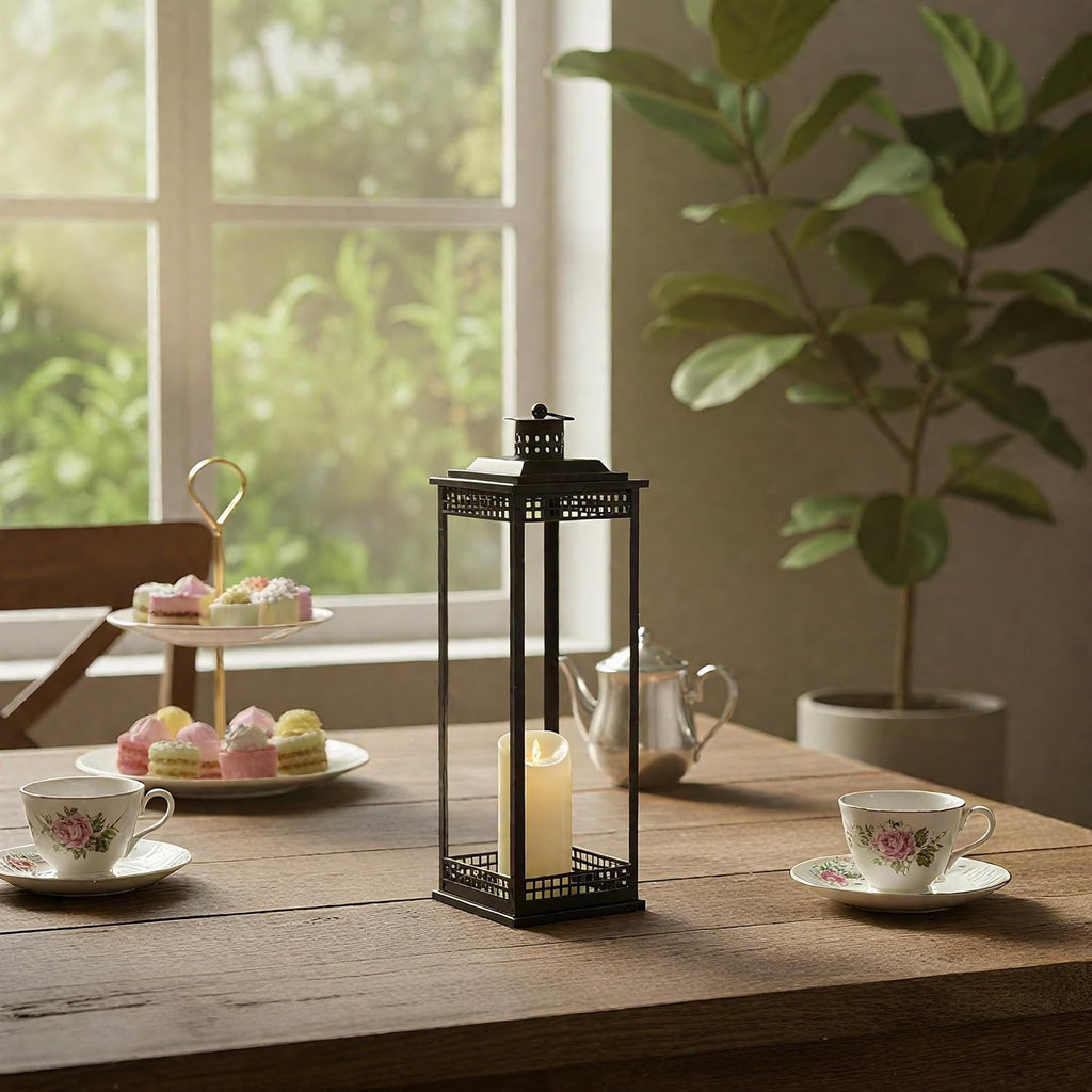 Decorative Candle Lanterns Set of 2, Black Metal for Indoor & Outdoor