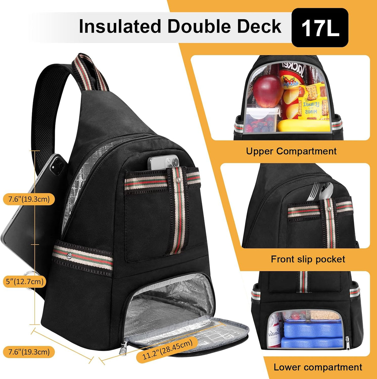Crossbody Lunch Backpack, Double Deck Large Insulated leakproof Lunchbox