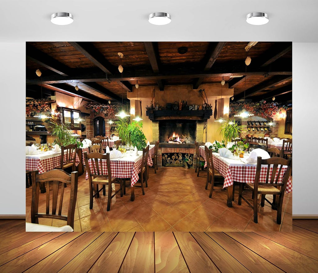 7x5ft Fabric Cafe Restaurant Backdrop for Photography Italy Restaurant Interior Fireplace Dining Tables Scene Backdrop Child Kids Adult Travel Photo Shoot Studio Props Indoor Decors