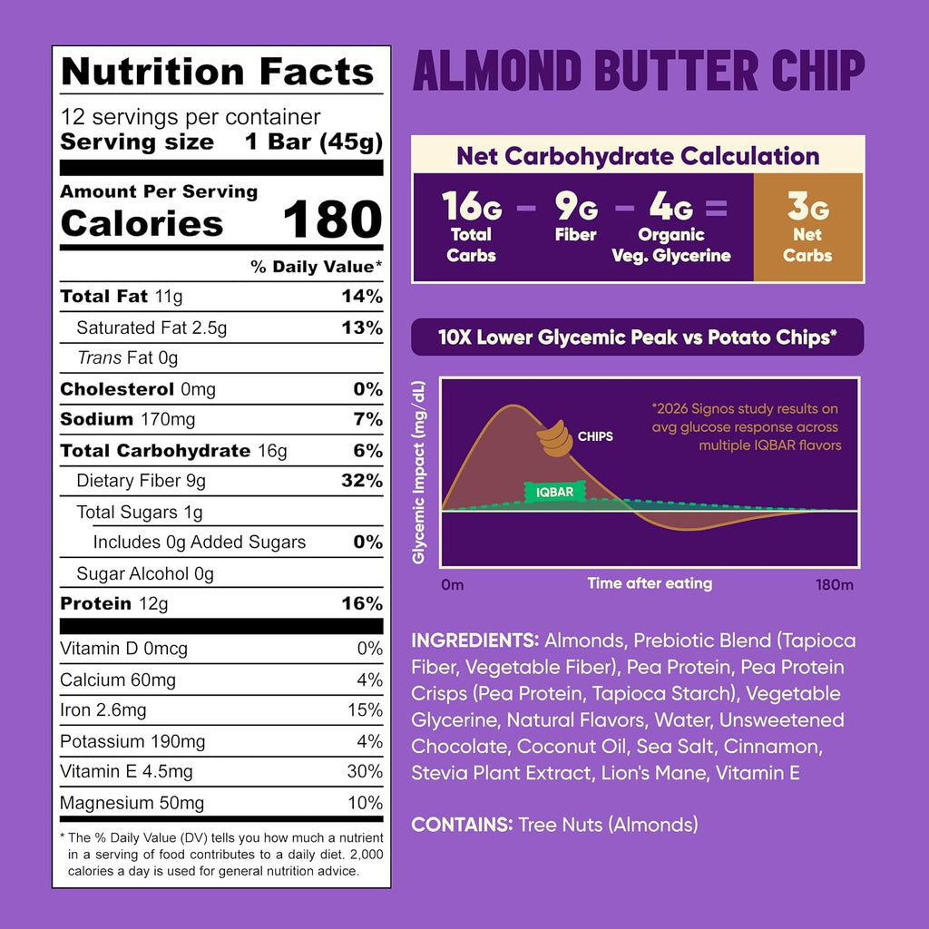 IQBAR Clean Protein Bars, Low Sugar Keto, Almond Butter Chip 12-Count