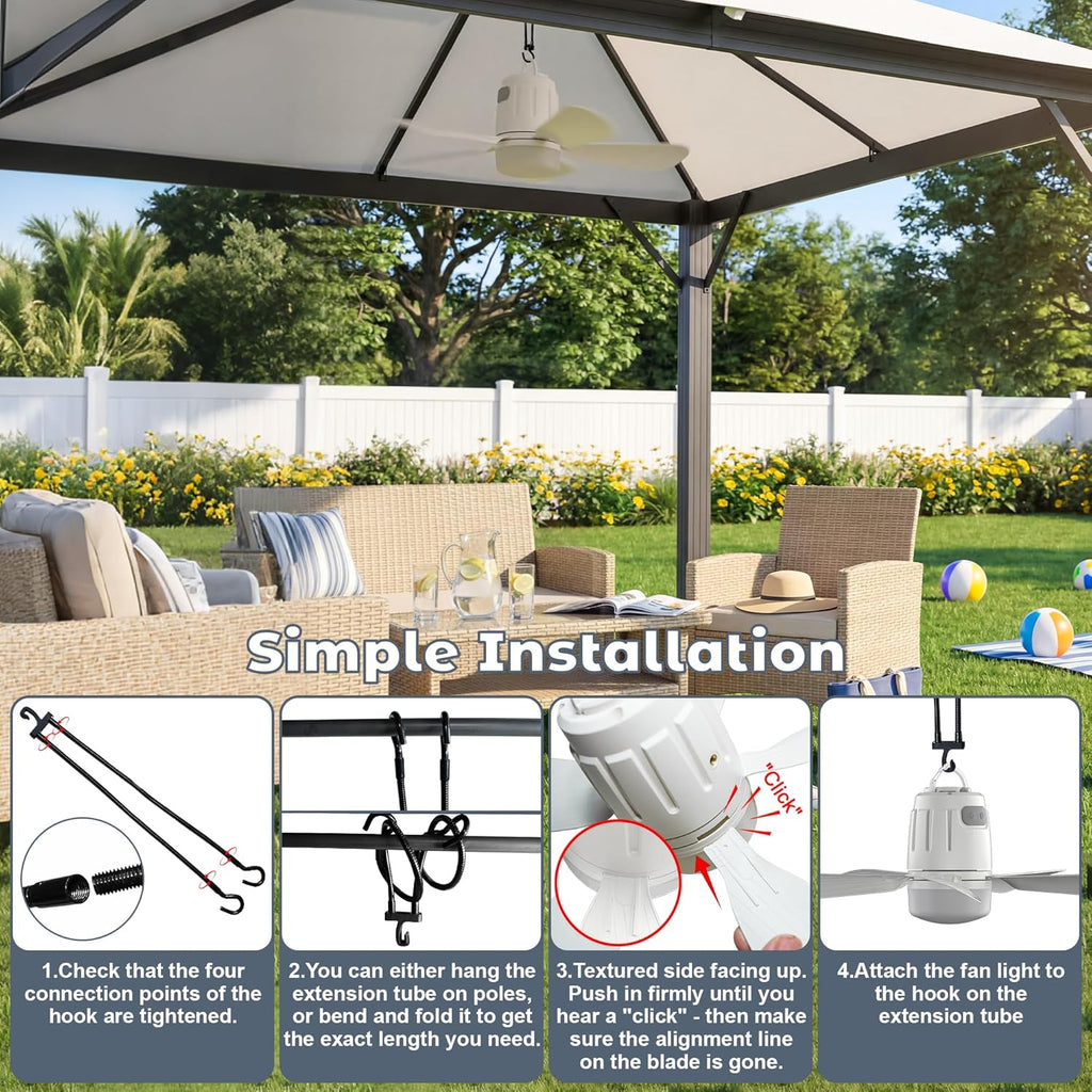 Battery Operated Outdoor Ceiling Fan, 20000mAh Portable Canopy Fan with Light, Remote & Hanging Hook, 3000k-6000k Dimmable Rechargeable Ceiling Fan for Tent, Gazebo, Patio, Camping (20'')