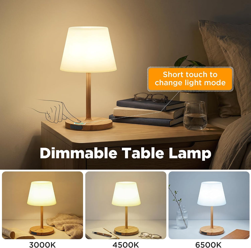 LUTEC 2 Pack Shower Lamp Waterproof, 6000mAh Rechargeable Cordless Table Lamp with 3 Color Temps and Stepless Dimming, Touch Control & Portable LED Nightlight for Bathroom, Desk, Outdoor(Wood Grain)