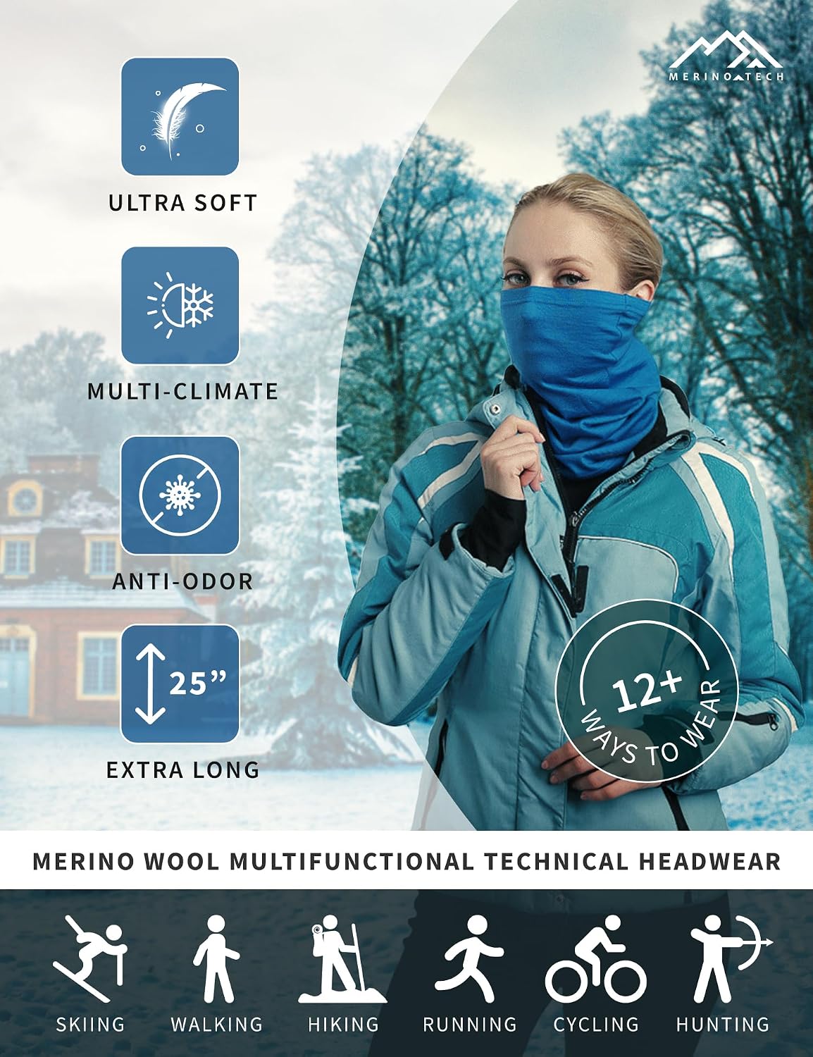 Merino.tech Merino Wool Base Layer Womens Set - Midweight Merino Wool Thermal Underwear for Women Top & Bottom + Neck Gaiter