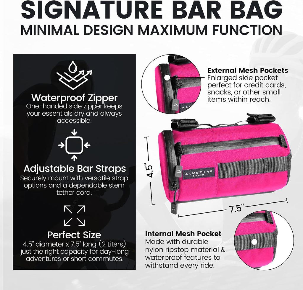 ALMSTHRE Signature Bar Bag – Passion Pink | Hard-Shell Bike Handlebar Bag with Waterproof Zippers & Adjustable Straps | Lightweight Bicycle Handlebar Bag, Compatible with Road, Gravel & MTB Bikes