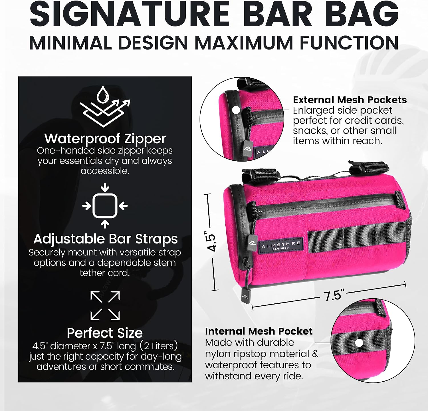 ALMSTHRE Signature Bar Bag – Passion Pink | Hard-Shell Bike Handlebar Bag with Waterproof Zippers & Adjustable Straps | Lightweight Bicycle Handlebar Bag, Compatible with Road, Gravel & MTB Bikes