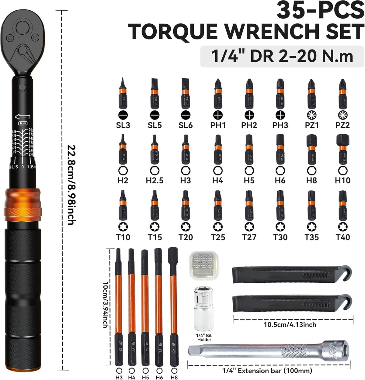 Bike Torque Wrench Set, 1/4-Inch Drive, 2-20 Nm, 35-Piece Kit