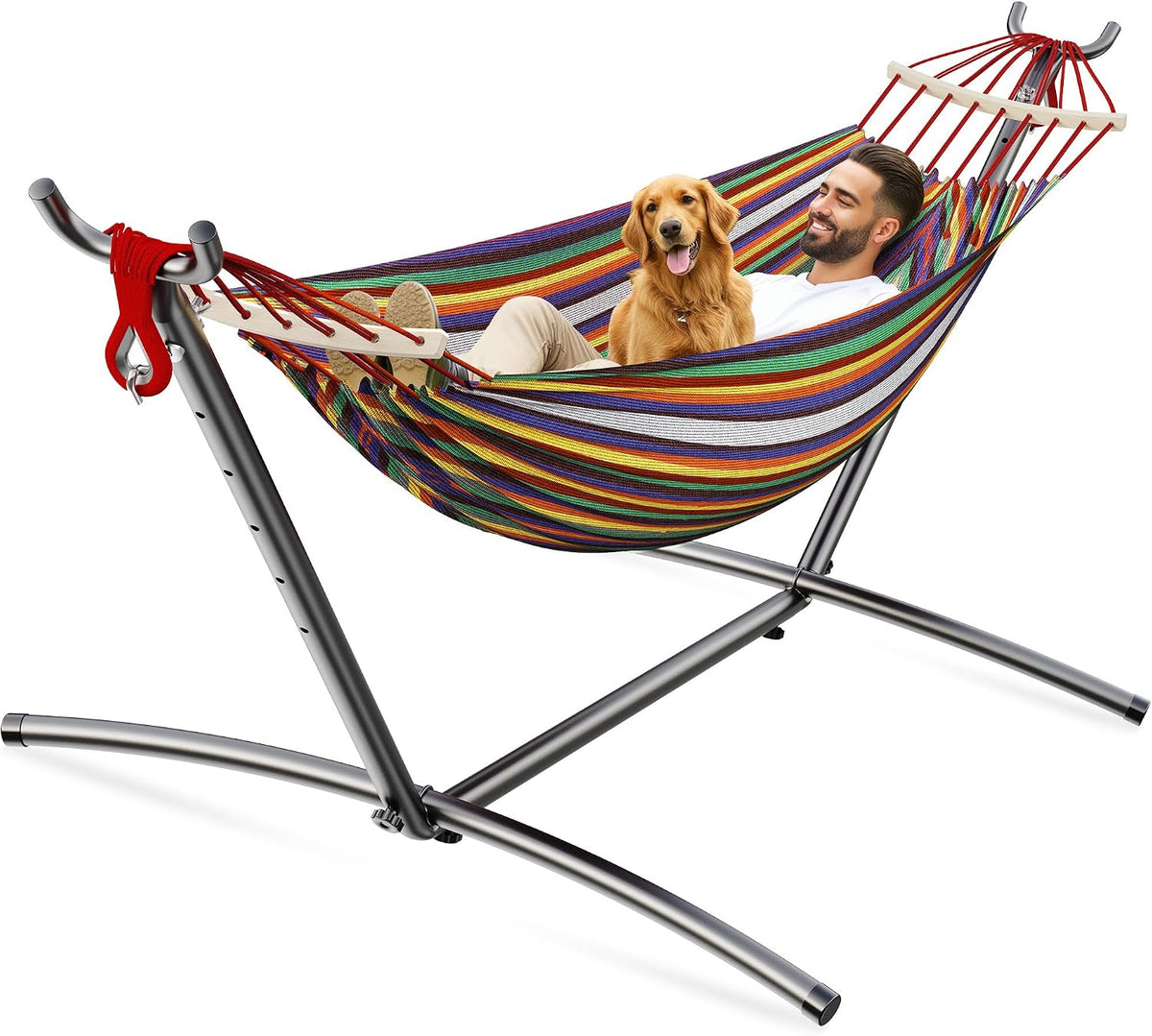 ANAGOO 2 Person Hammock with Stand, 500 lb Indoor Outdoor, Black White