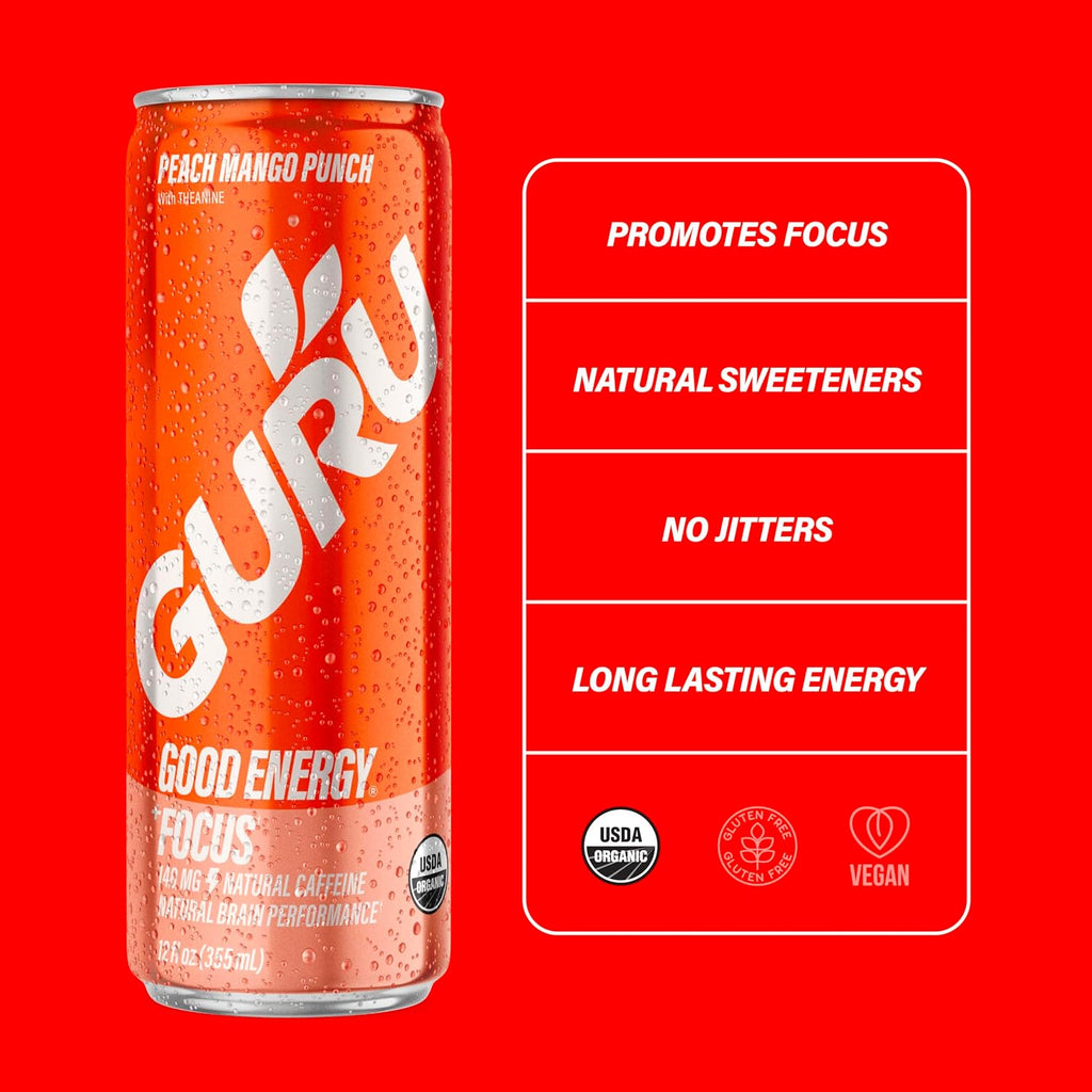 GURU Organic Energy Drink, Peach Mango Punch, 12 Fl Oz, 12 Pack
