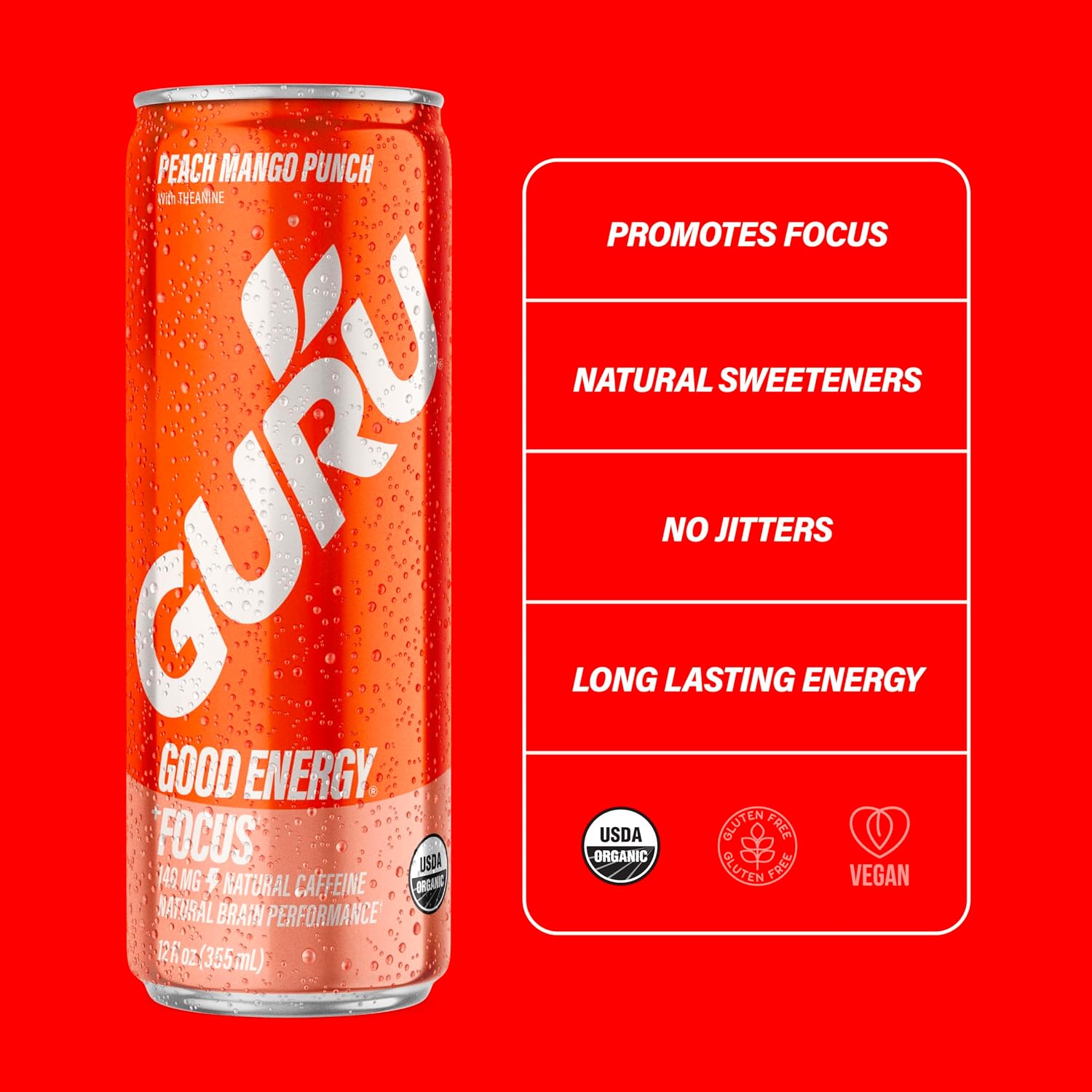 GURU Organic Energy Drink, Peach Mango Punch, 12 Fl Oz, 12 Pack