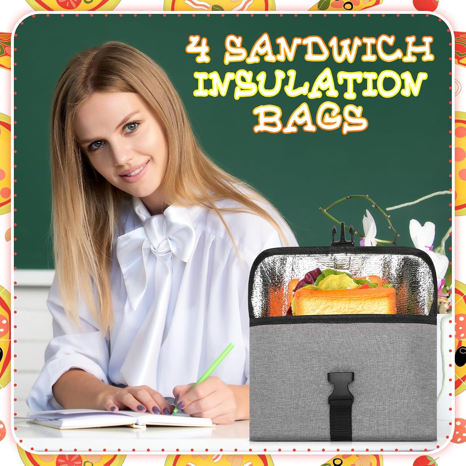 Reallnaive 4 Pack Insulated Sandwich Bag Reusable Snack Food Pouch Small Thermal Lunch Bags Washable Freezable Snack Bag for Backpackers Picnics Travel Office Classroom School